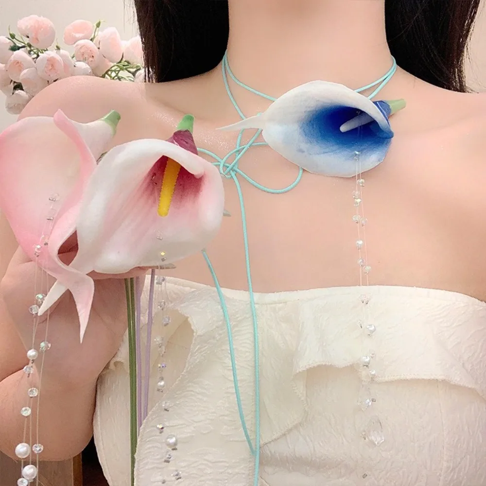 Fashion Exaggerated Calla Lily - Pearl Choker Necklace Vintage ulasan dan harga