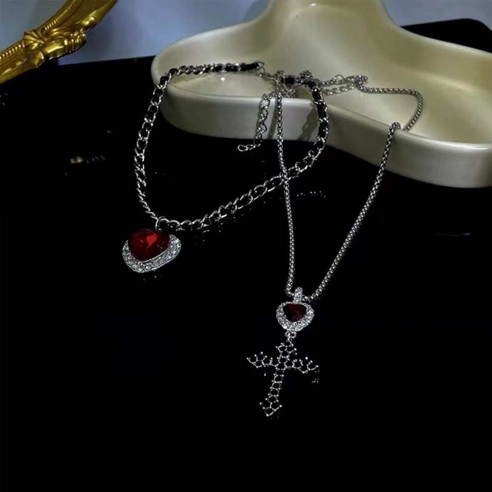 Punk Grunge Red Heart Crystal  - Layered Pendant Necklace Aesthetic ulasan dan harga